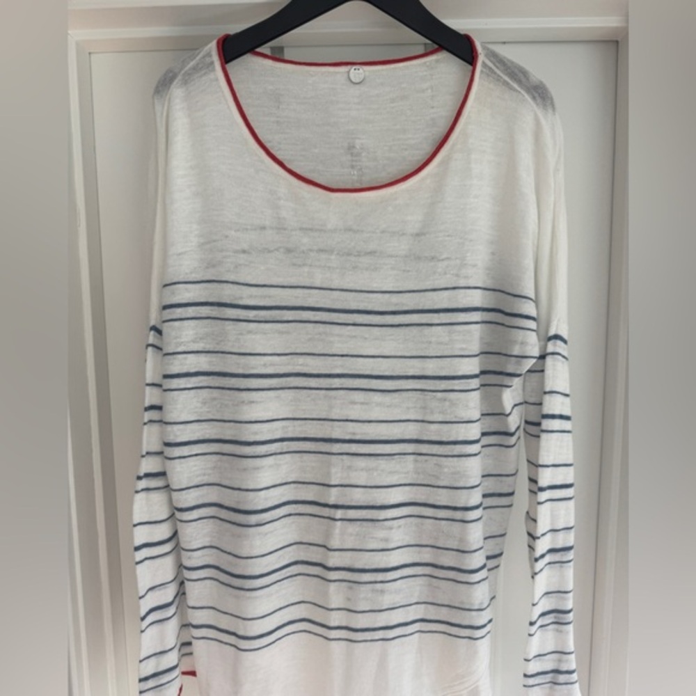Margaret O'Leary Linen Blend Striped Ballet Neck Top - Large